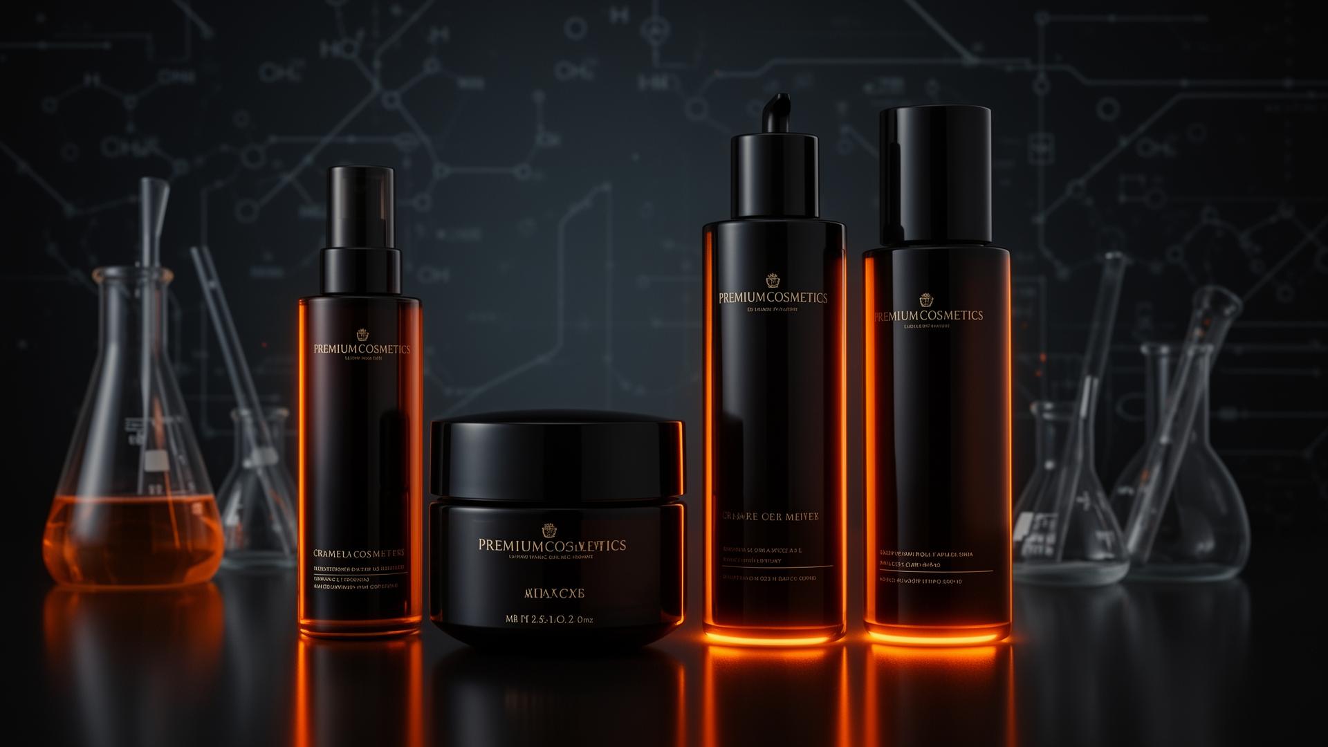 Cosméticos premium em ambiente de laboratório tecnológico
